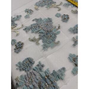 Aqua Gold Embroidered Lace Fabric Sheer Mesh Floral Remnant 22x54
